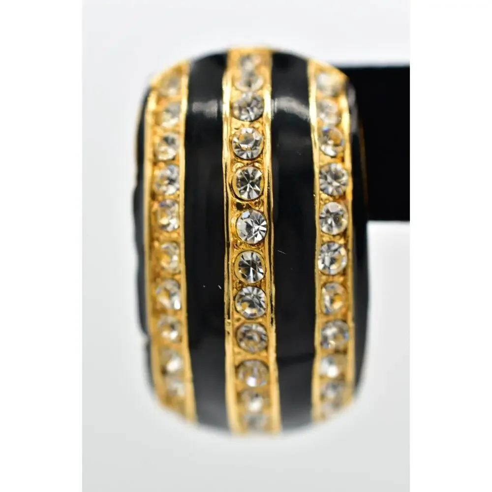 Vintage Crystal Clip On Earrings Black Enamel Rhinestone Gold Chunky 1980s BinBK